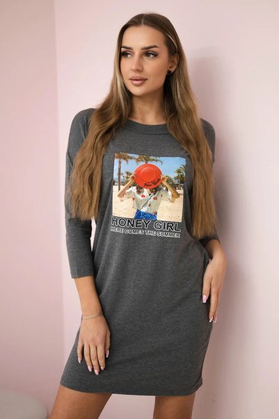 Kesi Rochie casual grafit cu decupaje la umeri și imprimeu