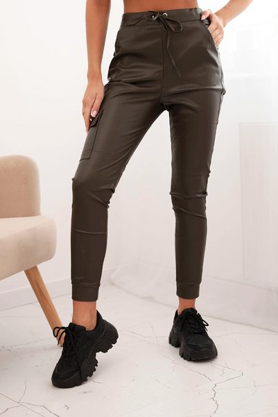 Kesi Pantaloni de damă slim fit din piele sintetică, kaki, cu cordon în talie