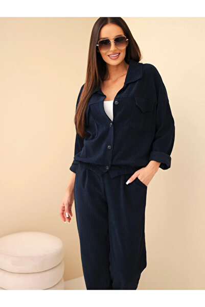 Kesi Set de damă din catifea reiată bleumarin, cu jachetă și pantaloni cu curea