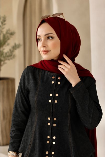 ASTEMİA Women's Gold Button Detailed Denim Jacket Skirt Set Sb0065