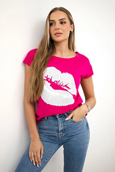Kesi Tricou fucsia cu mânecă scurtă și imprimeu cu buze