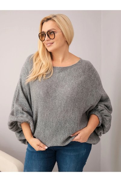Kesi Pulover gri închis de damă, mărimi mari, cu croială lejeră, din lână.