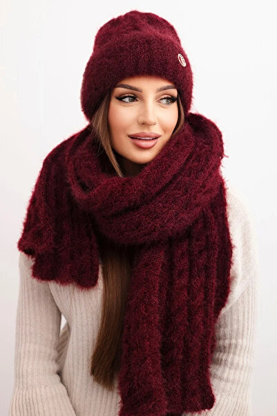 Kesi Set de pălărie și fular de damă, reiat, cu ornament, bordo