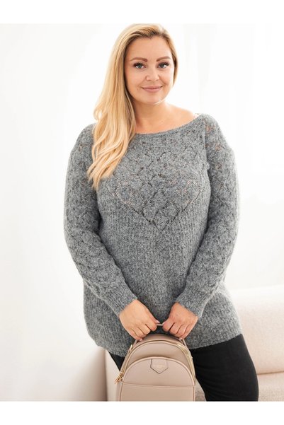 Kesi Pulover tricotat de damă, mărimi mari, grafit, cu model ajurat