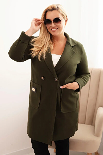 Kesi Palton kaki elegant, mărimi mari, cu guler larg și buzunare mari