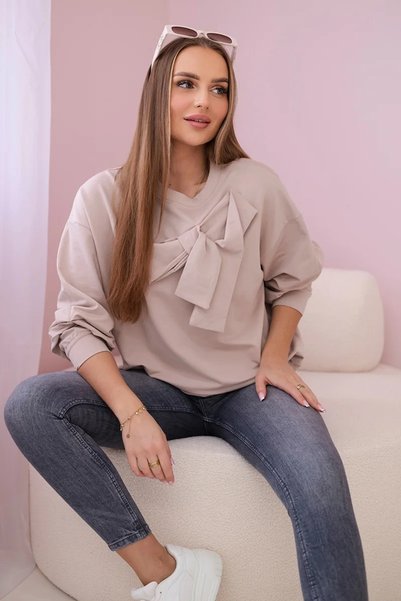 Kesi Bluză bej din bumbac cu detaliu fundă