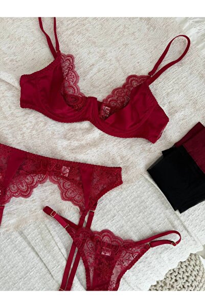 Madame Mercy Women's Burgundy Satin Lace Detailed Bra Set