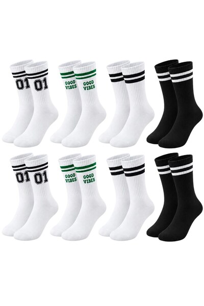 Şerife Hanım Unisex Socks Striped Set of 8 07 Good Vibes Printed Black and Wh...