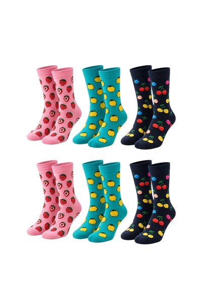 Şerife Hanım Women's and Men's Socks Fruit Patterned Colorful Set of 6 Long S...