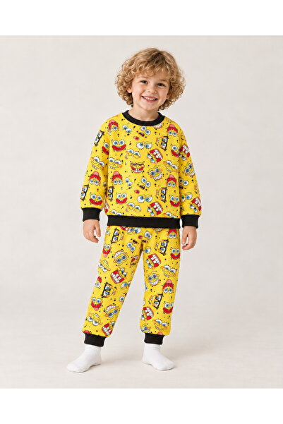 Erkek Çocuk SüngerBob Desenli Ribanalı İkili Pijama Takımı