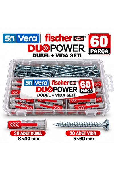 5N VERA Fischer DuoPower 8x40 Dübel + 5x60 Vida Seti | 30 Dübel + 30 Vida, 60...