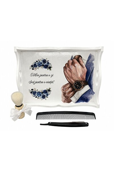 OEM Set tava alba pentru gatitul mirelui, 4 piese, tava, pamatuf, brici, pieptan
