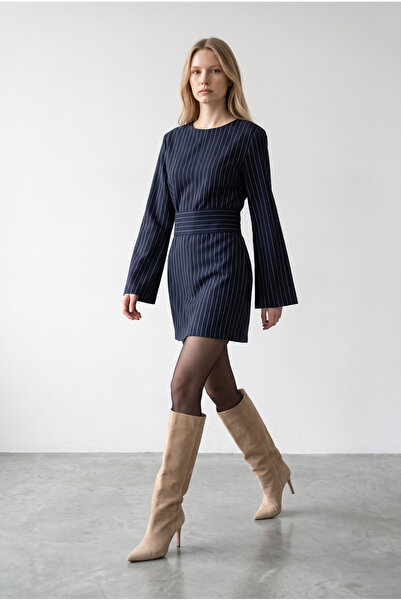 VALEQUİN Kadın Lacivert Beyaz Çizgili Slim Fit Uzun Kollu Premium Mini Elbise