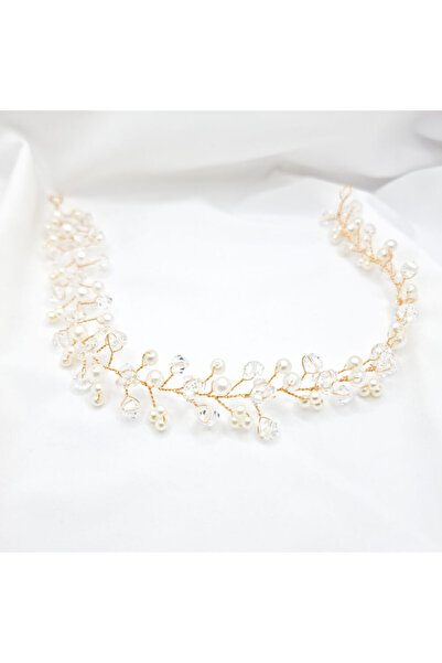 MYGRACE Accesoriu de păr pentru mireasă  "Be pure ", alb, cu fir auriu, cu perle și cristale transparente, tip coroană/tiară flexibilă (modelabilă)