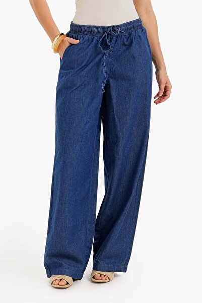 CARINA Karina Wide Leg Denim Pants – Elastic Waist with Drawstring - Navy Blue