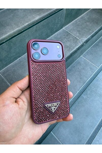 Apple iPhone 18 Pro Max Uyumlu Bordo PRD Taşlı Luxury iPhone Kılıfı