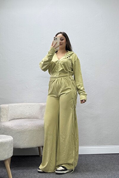 BELENDİR Women's Modal Hooded Suit with Lace Detail in Oil Green