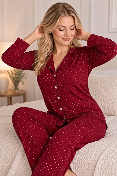 Lima Kadın Bordo Puantiyeli Uzun Kollu Önden Düğmeli Gömlek Yaka Pijama Takımı