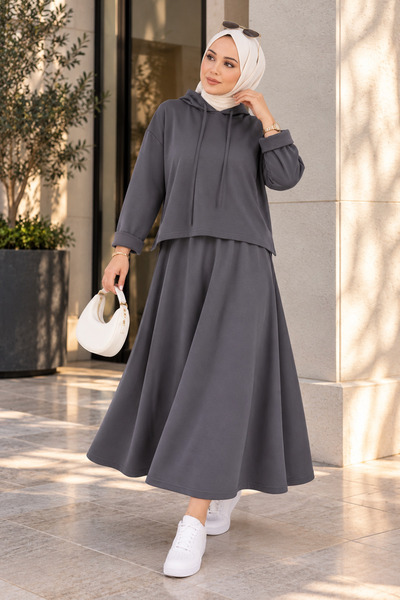 ASTEMİA Women's Hooded Tunic Skirt Oysho Set Sb0066