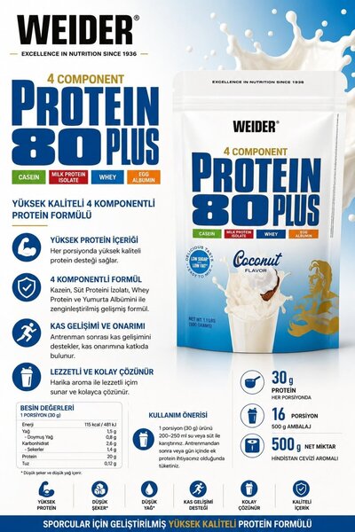 Weider 80 Plus Casein & Isolate & Whey & Egg Protein Tozu 500 gram - Coconut