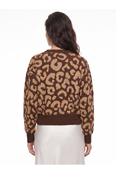 Juuuj Brown Camel Knitwear Fabric Crew Neck Leopard Patterned Basic Knitwear ...