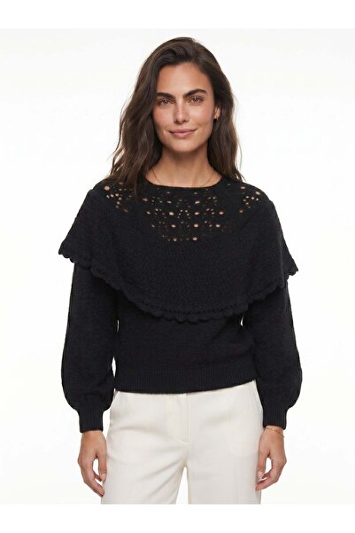 Juuuj Black Soft Textured Balloon Sleeve Openwork Detailed Ruffled Ribbed Sta...