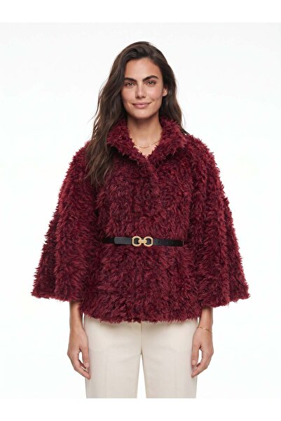 Juuuj Burgundy Soft Textured Polyester Fabric Wide Cut Belt Detailed Plush Po...