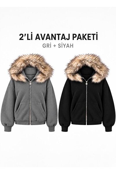 nathia outdoors 2-Piece Hooded Fur Detailed Basic Vorteks Women's Cardigan