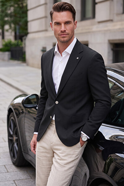DeepSEA Erkek Slim Fit Likralı Siyah Blazer Ceket – Metal Düğmeli Torba Cepli Spor Ceket 2600828
