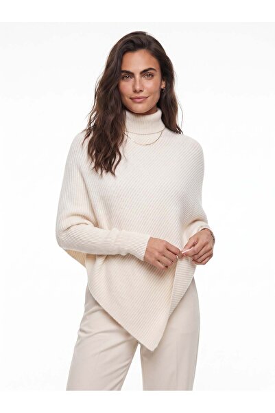 Juuuj Cream Soft Textured High Neck Poncho Form Draped Asymmetrical Cut Knitw...