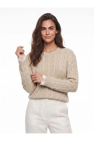 Juuuj Beige Hair Braid Patterned Crew Neck Comfortable Fit Ripped Cuff Detail...