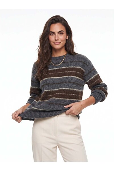 Juuuj Anthracite Brown Stretch Fabric Crew Neck Basic Form Horizontal Striped...