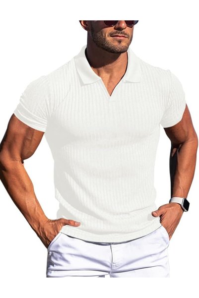 GENERAL Men's Muscle V Neck Polo Shirts Slim Fit Short Long Sleeve Cotton Gol...