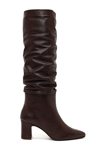 Derimod Women's Brown Thick Heeled Leather Boots Wf160011Dv