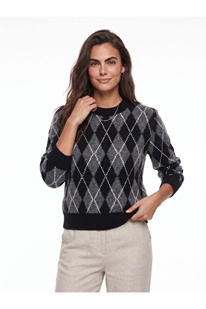 Juuuj Black Anthracite Acrylic Blended Crew Neck Argyle Pattern Standard Fit ...