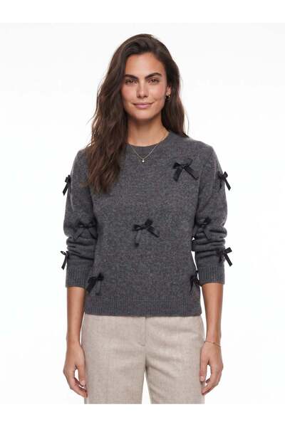 Juuuj Anthracite Acrylic Blended Long Sleeve Crew Neck Regular Cut Bow Detail...