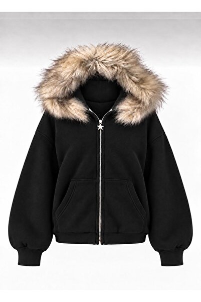 nathia outdoors Kapüşonlu Kürk Detaylı Basic Vorteks Kadın Hırka