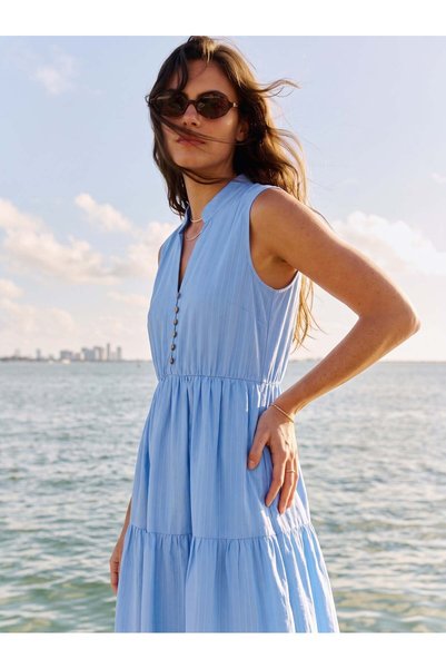 Generic Brand Blue Modal Viscose Blended V-Neck Striped Flounce Summer Dress ...