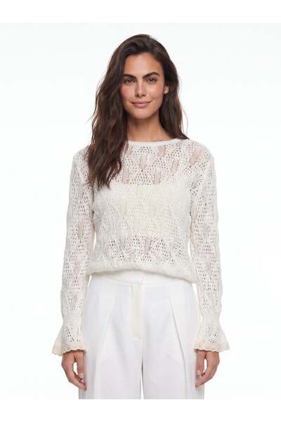 Juuuj Ecru Cotton Openwork Knit Crew Neck Relaxed Fit Flounce Sleeves Pattern...
