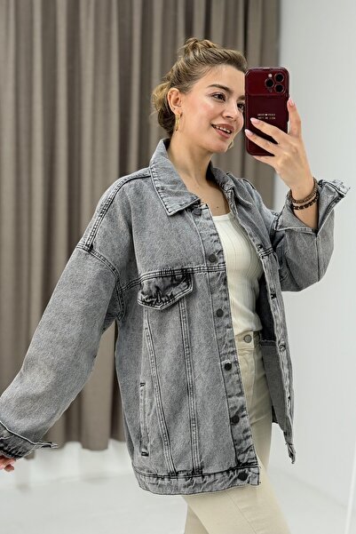 Juuuj Gray Denim Woven Shirt Collar Drop Shoulder Oversize Metal Buttoned Fou...