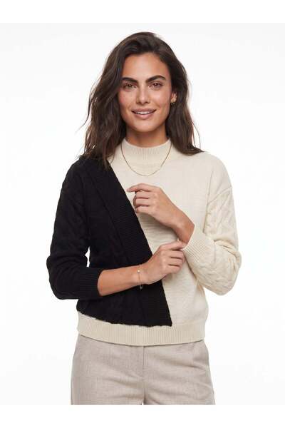 Juuuj Ecru Black Acrylic Fabric Half Turtleneck Standard Fit Knitwear Sweater...