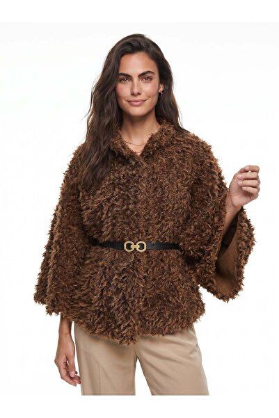 Juuuj Brown Soft Textured Polyester Fabric Plush Poncho with Belt Detail