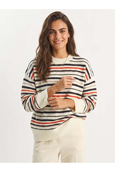 Juuuj Cream Soft Textured Crew Neck Oversize Striped Patterned Long Sleeve Kn...