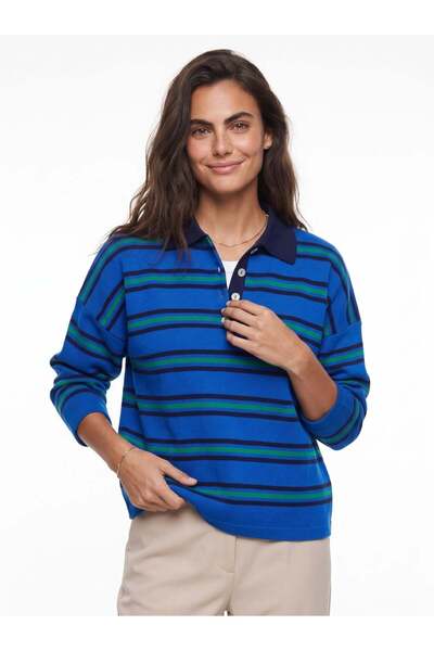 Juuuj Saks Acrylic Textured Polo Neck Low Shoulder Striped Basic Standard Fit...