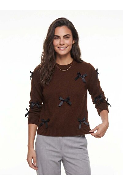 Juuuj Bitter Brown Stretchy Knitwear Textured Regular Cut Bow Detailed Crew N...