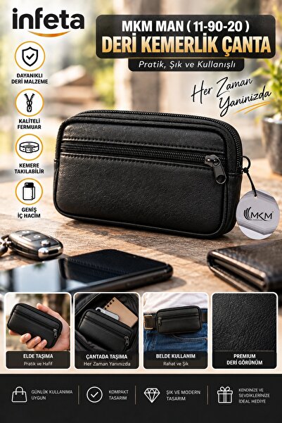 İnfeta Black 19X9X3 cm Men's Leather Look Belt Bag Phone Holder Zippered Wais...