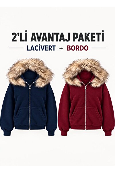 nathia outdoors 2-Piece Hooded Fur Detailed Basic Vorteks Women's Cardigan