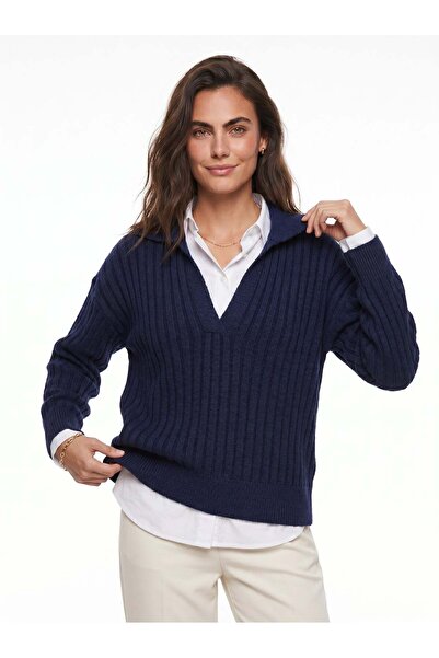 Juuuj Navy Blue Acrylic Fabric Polo Collar Long Sleeve Comfortable Fit Standa...