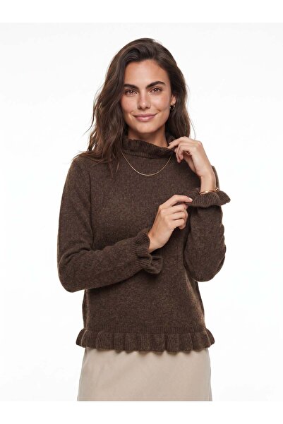 Juuuj Brown Acrylic Blended Soft Textured Ruffle Collar Detailed Long Sleeve ...