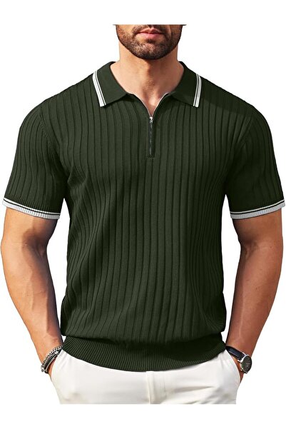 GENERAL Knitted Polo Collar T-Shirt Short Sleeve Zipper Casual Style Men's Go...